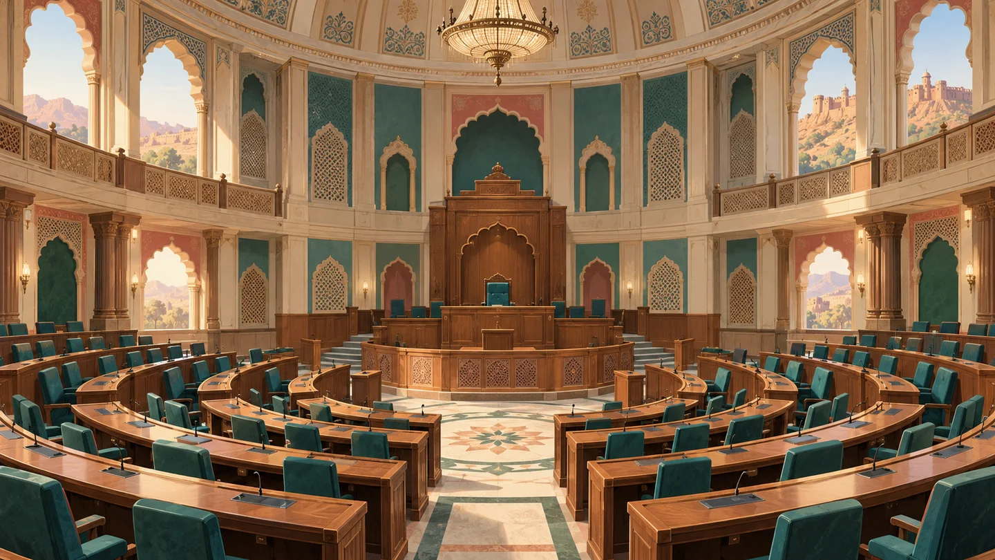 राजस्थान से प्रेरित काल्पनिक विधानसभा कक्ष — एआई डेमो चित्र, वास्तविक घटना की तस्वीर नहीं
