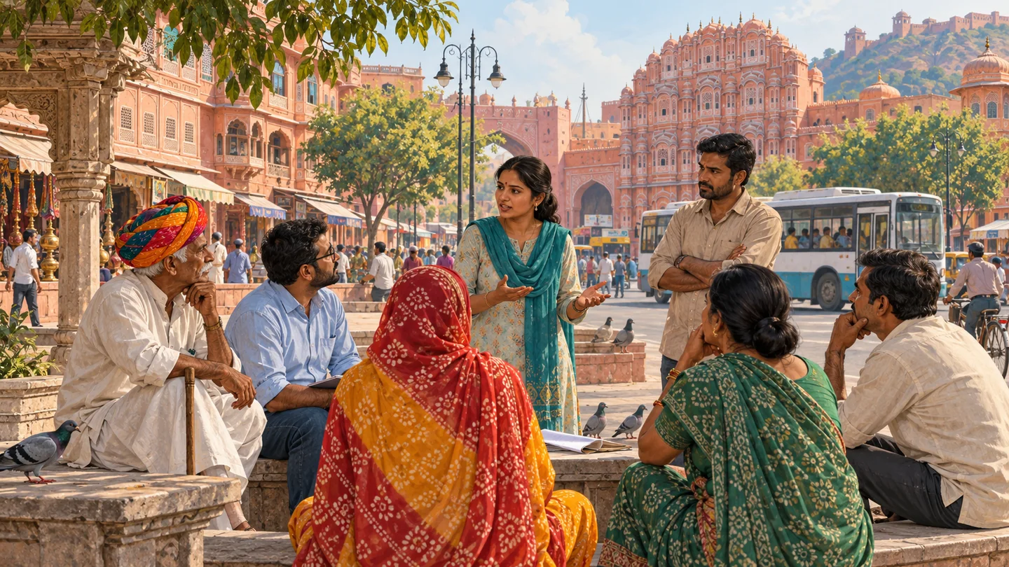 जयपुर की सांकेतिक गलियों में नागरिकों का संवाद — एआई डेमो चित्र, वास्तविक घटना की तस्वीर नहीं