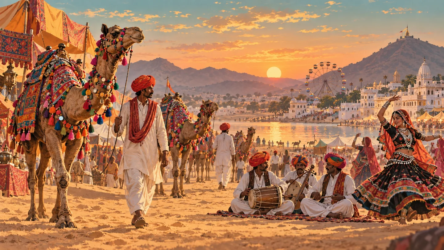 पुष्कर से प्रेरित ऊंट, लोक कलाकार और सांस्कृतिक मेला — एआई डेमो चित्र, वास्तविक घटना की तस्वीर नहीं